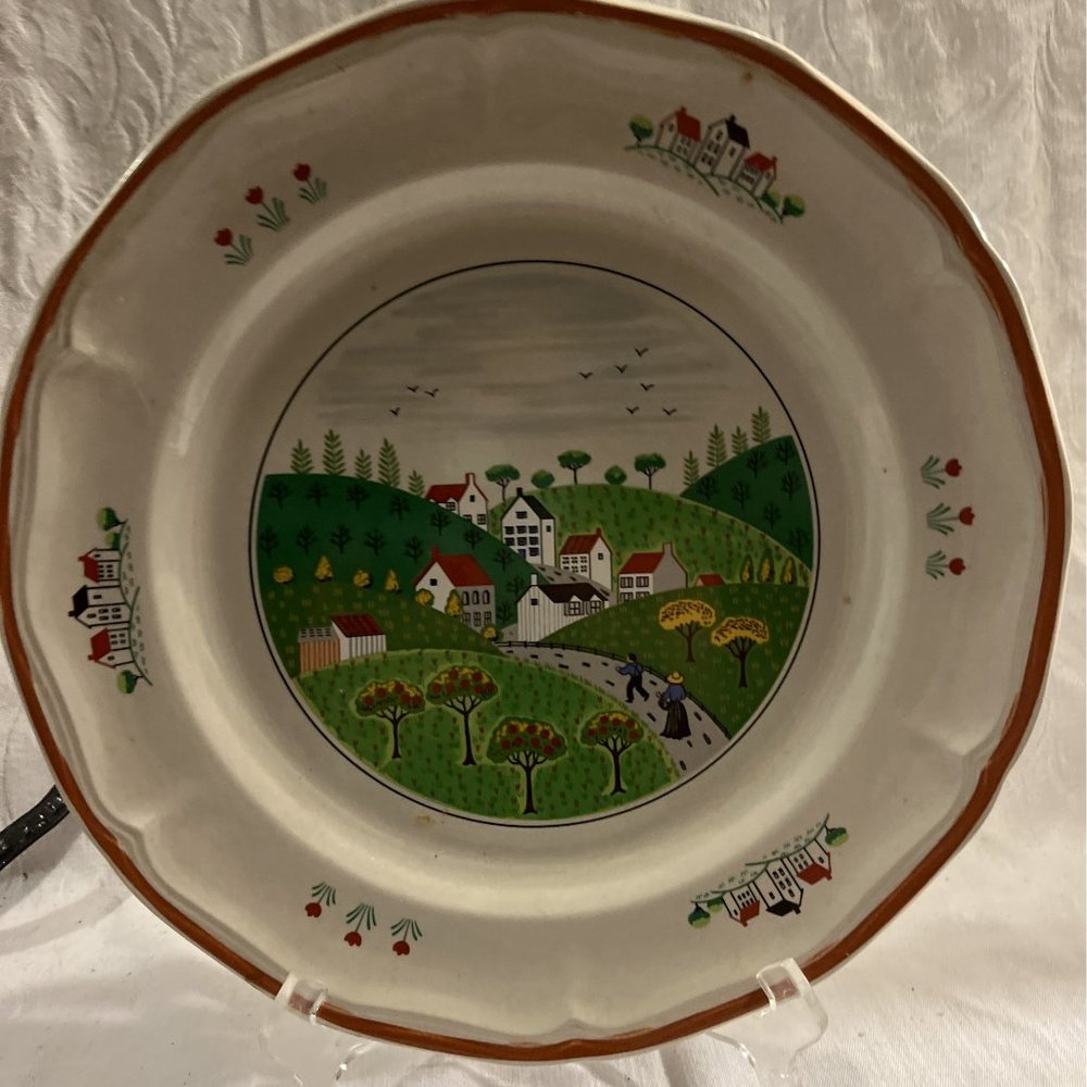 Vintage Newcor Stoneware Country Village 12" Round Platter Serving Plate